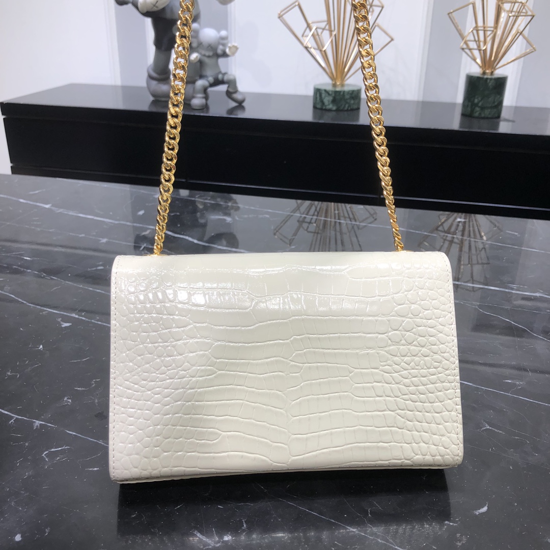 Saint Laurent Kate Tassel Small Crocodile Embossed Calfskin Shoulder Bag Handbag White 474366 Gold